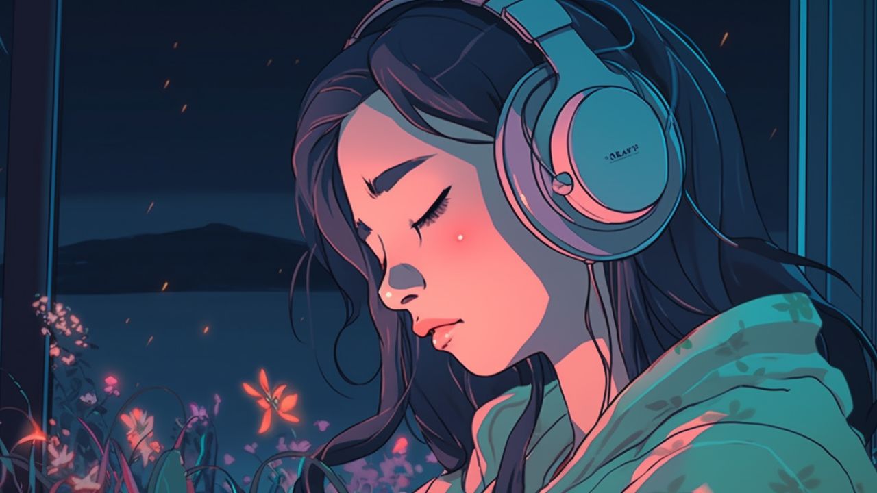 Girl with headphone relaxing while listening to lofi music