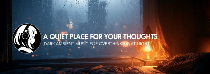 Dark ambient YouTube thumbnail showing a quiet night room, rain on the window, distant city lights, and the text Overthinking at Night