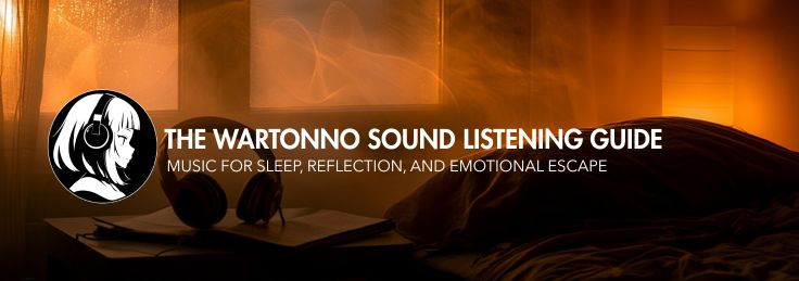 The Wartonno Sound Listening Guide - Dark ambient bedroom scene with headphones, journal, rain-streaked window, and soft night lighting for an article about music for sleep, reflection, and emotio