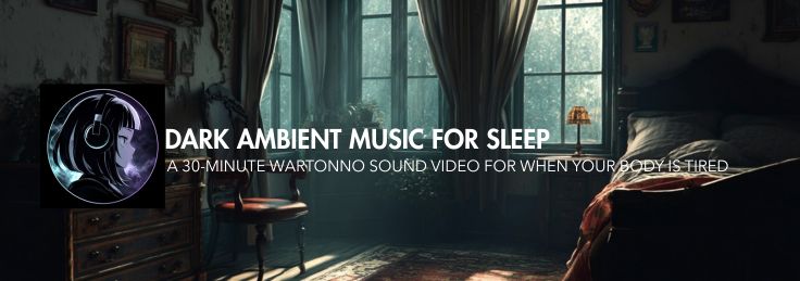 Dark ambient sleep music thumbnail showing a quiet bedroom at night, rain on the window, a warm bedside lamp, and the text Sleep Feels Far