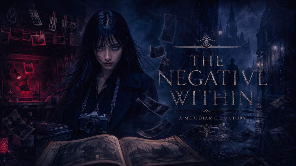 Mara Chen holding a book and vintage camera in a dark Meridian City setting for The Negative Within, a liminal horror story scored by Wartonno Sound.