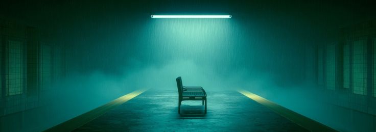 Rain Inside the Station dark ambient music artwork with teal fog inside an abandoned railway platform