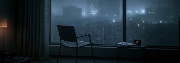 An empty chair, notebook and rain-covered window in a quiet bedroom after midnight