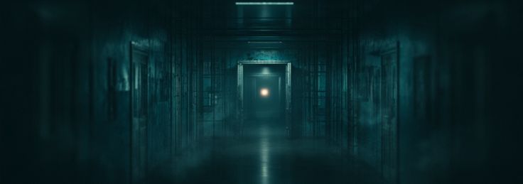An almost-dark corridor, with a small warm light visible at the far end